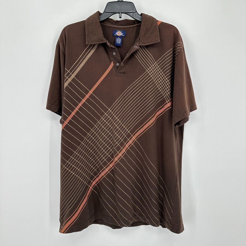Authentic Dickies Polo Shirt Mens XL Brown Striped Streetwear Y2K Workwear‎ Top